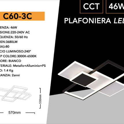 Plafoniera da soffitto a led 46 watt con tecnologia CCT tre colorazione di luce con switch enzoled
