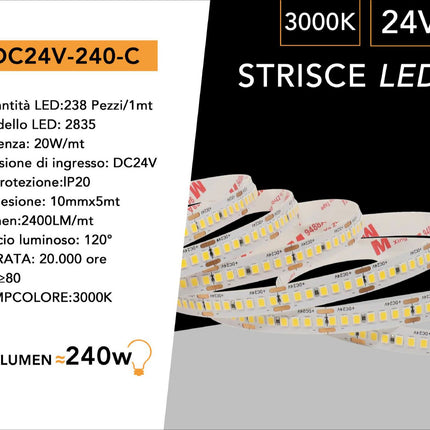 Strisce LED 24V 3000K (luce calda) - 5m 240 LED/m, PVC nudo - Fascia continua ad alta densità enzoled