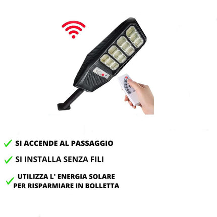 3 Fari stradale 144 led con pannello solare 200 watt lampione per esterno con sensore di movimento luce fredda 6500k IP65 - enzoled