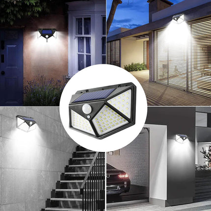 Kit 4 faretti solari da esterno applique 100 led con sensore di movimento 3 modalità di luce Ip65 - enzoled