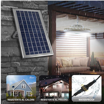 Plafoniera a sospensione a led con pannello solare per esterno lampada da campeggio 200 watt e 400 watt dimmerabile con telecomando IP55 6500k - enzoled