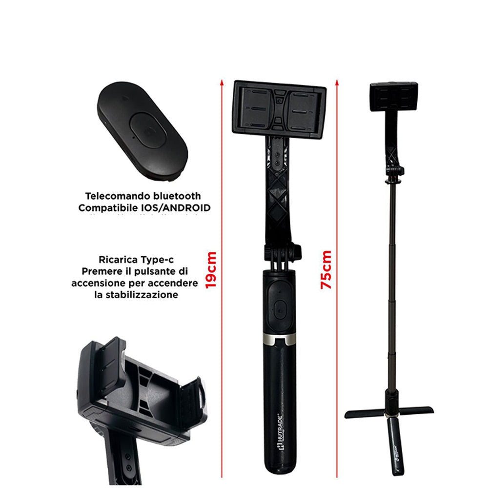 Stabilizzatore gimbal per smarphone a 3 assi bastone per selfie con telecomando integrato con app anti vibrazioni rotazione 360° con zoom - enzoled