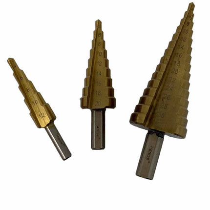 3 frese coniche in acciaio punte a gradini fresa misure da 4 a 32 mm per trapano allargafori conico - enzoled