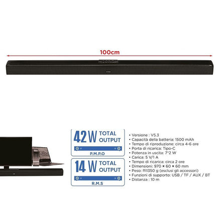 Barra soundbar 42 + 14 watt ricaricabile bluetooth cassa altoparlante per tv uscita aux usb con subwoffer integrato - enzoled