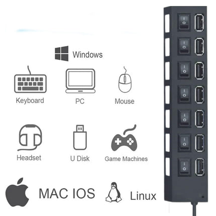 Hub usb 2.0 7 porte moltiplicatore sdoppiatore per pc notebook 7 uscite con interruttori on/off e luci led - enzoled