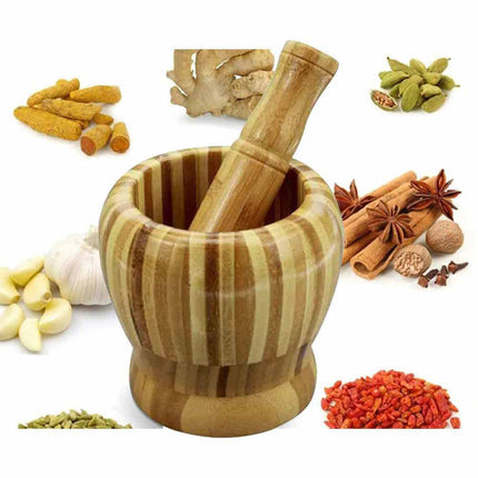 Mortaio con pestello in legno a strisce per pesto utensile da cucina