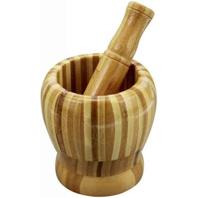 Mortaio con pestello in legno a strisce per pesto utensile da cucina