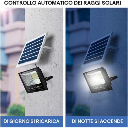 Faro led 10 watt con pannello solare sensore crepuscolare per esterno  a luce fredda 6500k con telecomando timer IP66 - enzoled