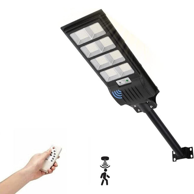 Faro stradale lampione a led con pannello solare 1500 watt con palo da 45 cm sensore crepuscolare e di movimento telecomando IP65 6500k - enzoled