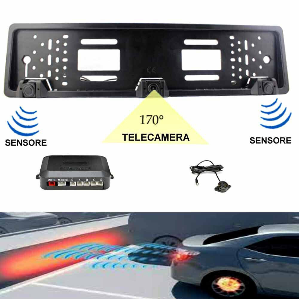 Porta targa con telecamera posteriore e 2 sensori di parcheggio per auto europea retromarcia con allarme sonoro - enzoled