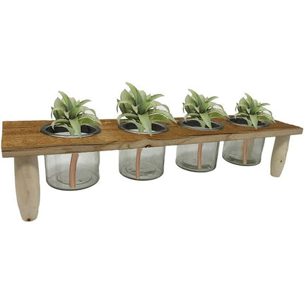 Porta pianta candele con base in legno con 4 vasi in vetro stile rustico supporto portapiante portacandele - enzoled