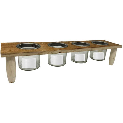Porta pianta candele con base in legno con 4 vasi in vetro stile rustico supporto portapiante portacandele - enzoled