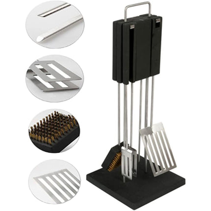 Set di 4 Utensili per Barbecue con piantana Attrezzi per grigliate braciata Camino in Acciaio - enzoled