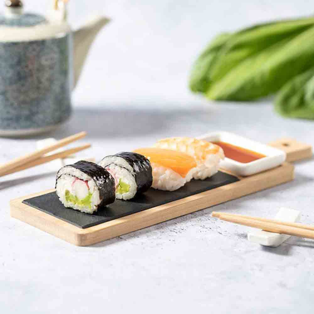 Servizio accessori sushi per 2 persone con tagliere in ardesia e legno ciotola bacchette - enzoled