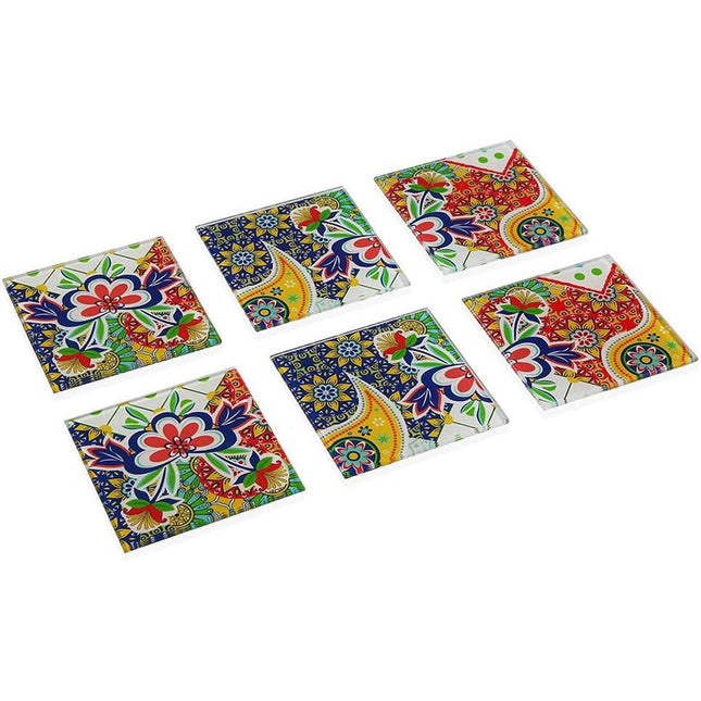 Set 6 sotto bicchieri in vetro da tavola quadrati con decorazione floreale 10x10 cm - enzoled