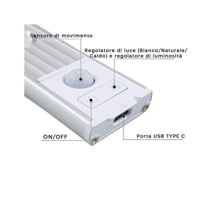 Sottopensile ultra slim a led cob 20 30 40 60 cm plafoniera ricaricabile usb magneica con sensore di movimento - enzoled