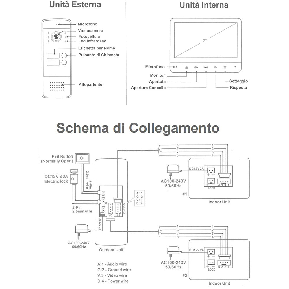 Videocitofono monitor lcd 7” monofamiliare e bifamiliare citofono a 4 fili pulsantiera infrarossi esterna campanello - enzoled