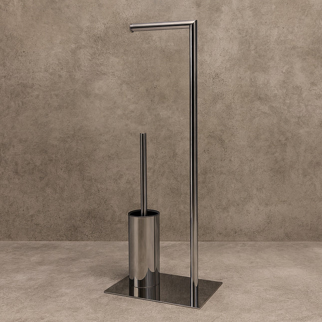 Piantana porta rotolo e scopino per bagno da terra metallo lucido