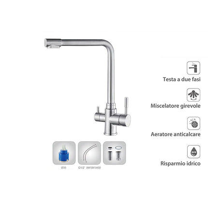 Rubinetto cucina 3 vie per depuratore d'acqua 2 leve Sistema Osmosi