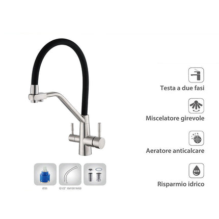 Rubinetto cucina in silicone 3 vie x depuratore 2 leve Sistema Osmosi