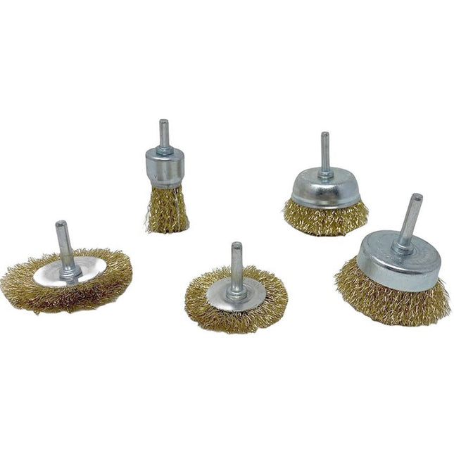Kit 5 spazzola a tazza per trapano setole filo in ferro ondulati ottonati con gambo Ø 6 mm - enzoled