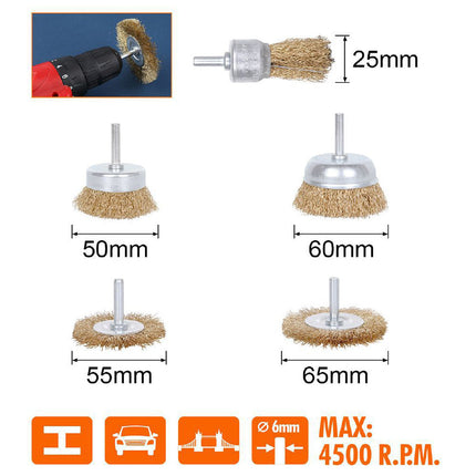 Kit 5 spazzola a tazza per trapano setole filo in ferro ondulati ottonati con gambo Ø 6 mm - enzoled