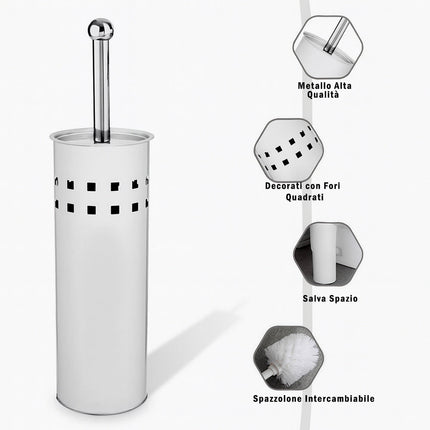 Portascopino a cilindro traforato con scopino da bagno con coperchio