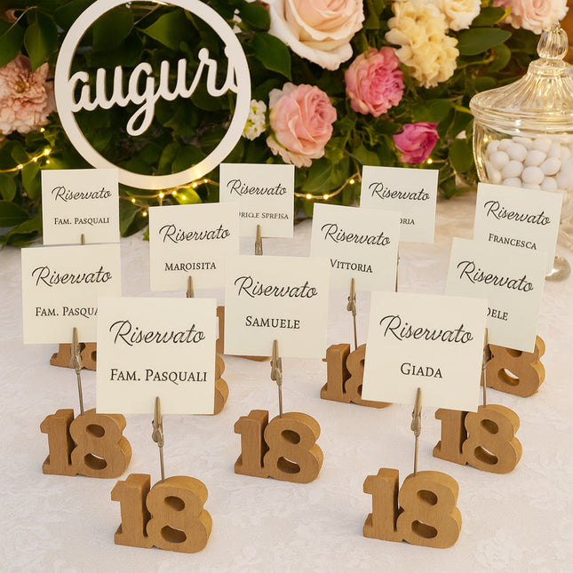 Set 10 segnaposto in Legno 18 Anni con clip portafoto per Compleanno