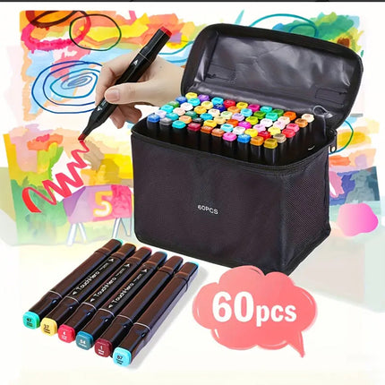 Set di 60 pennarelli vari colori a doppia punta fine e doppia per colorare evidenziare con borsetta - enzoled