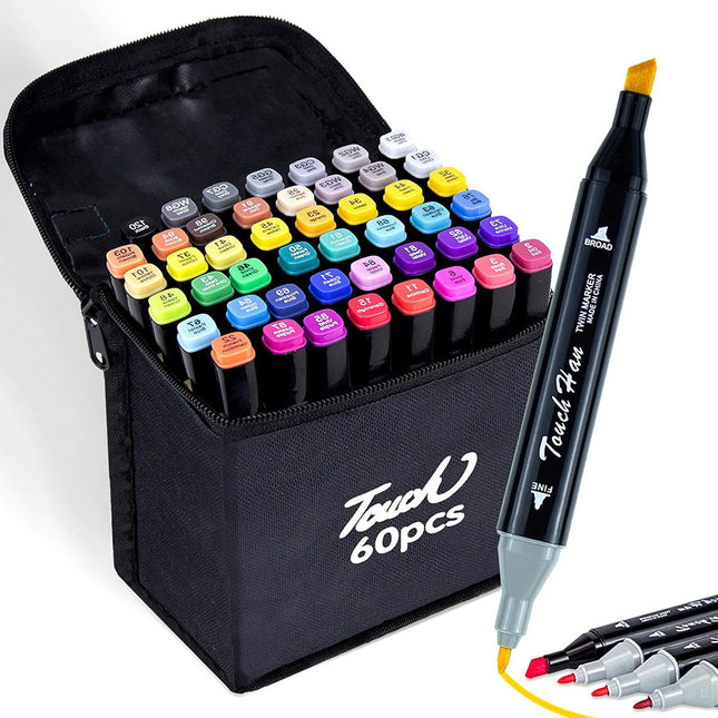 Set di 60 pennarelli vari colori a doppia punta fine e doppia per colorare evidenziare con borsetta - enzoled