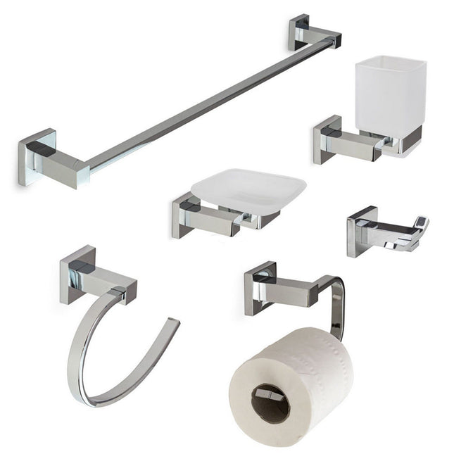 Set bagno moderno quadrato in acciaio cromato e vetro satinato opaco 6 pezzi - enzoled
