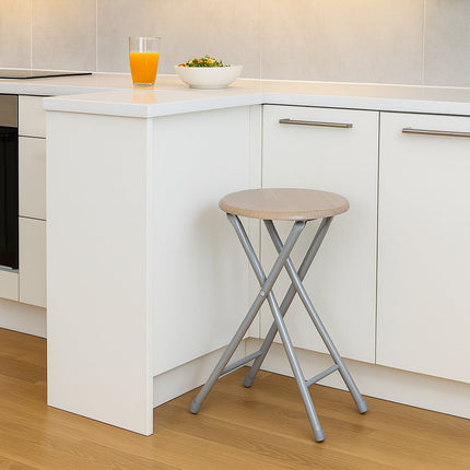 Sgabello pieghevole MDF moderno rotondo rovere chiaro salvaspazio