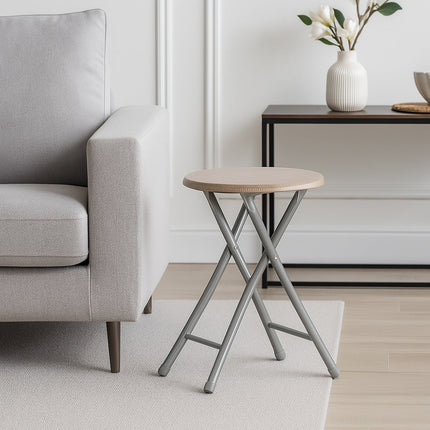 Sgabello pieghevole MDF moderno rotondo rovere chiaro salvaspazio