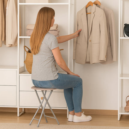 Sgabello pieghevole MDF moderno rotondo rovere chiaro salvaspazio