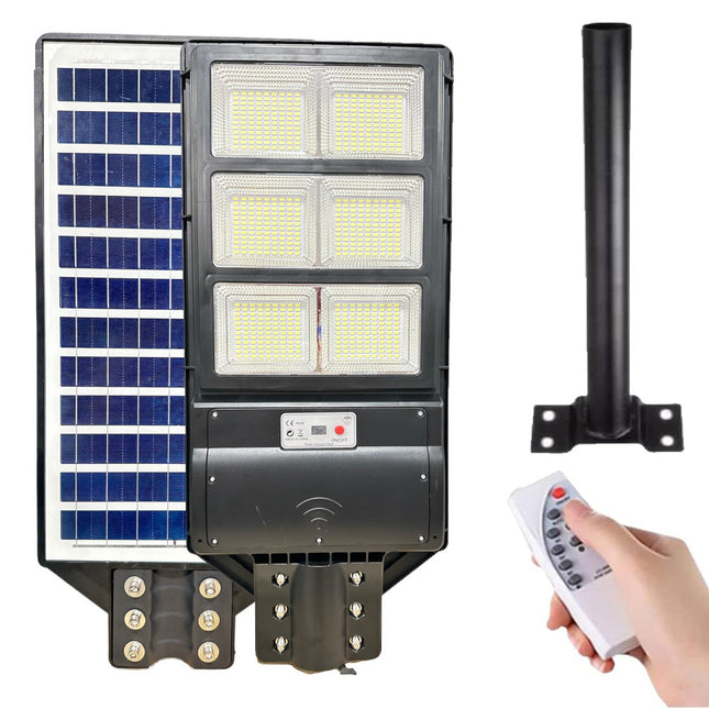 Faro stradale lampione a led con pannello solare 1000 watt con palo da 45 cm sensore crepuscolare e di movimento telecomando IP65 6500k - enzoled