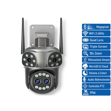 Telecamera di sicurezza WI-FI speed dome ptz zoom 10x 3 obbiettivi 8mpx videocamera HD audio bidirezionale con led IP66 - enzoled