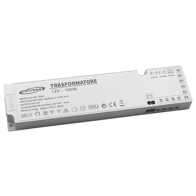 Alimentatore trasformatore slim da 230v a 12v 100 watt per strip led sensori luci 6 uscite 3 ingressi - enzoled