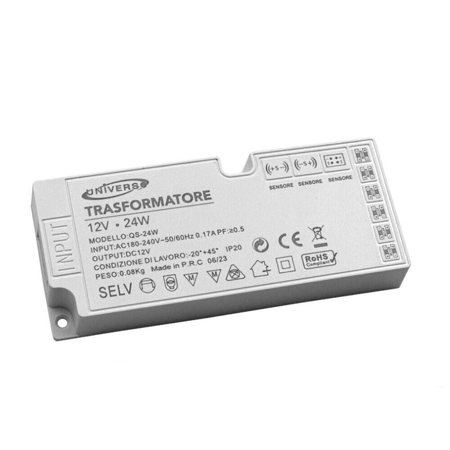 Alimentatore trasformatore slim da 230v a 12v 24 watt per strip led sensori luci 6 uscite 3 ingressi - enzoled