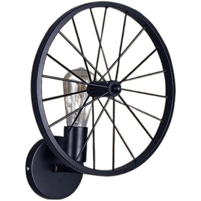 Applique a parete stile vintage lampada da muro country a forma di ruota di bicicletta nero attacco E27 - enzoled