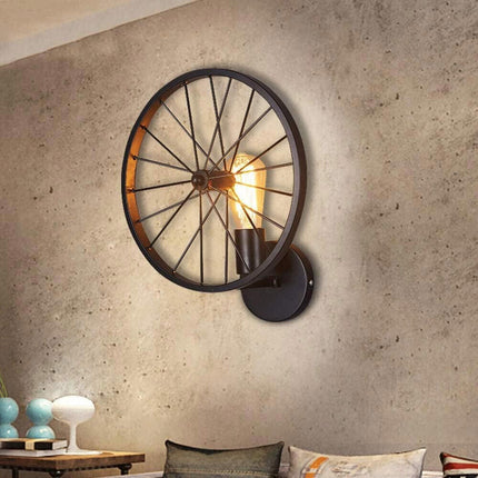 Applique a parete stile vintage lampada da muro country a forma di ruota di bicicletta nero attacco E27 - enzoled