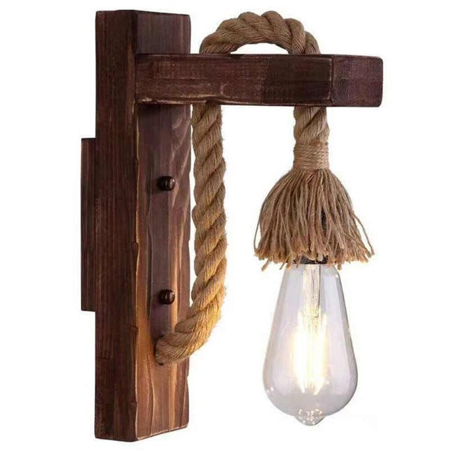 Applique a parete vintage in legno corda in canapa lampada da muro retrò country portalampada E27 arredo casa - enzoled