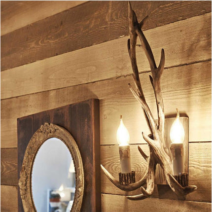 Applique country a corna di cervo vintage lampada da muro retro 2 portalampada e14 arredamento rustico - enzoled