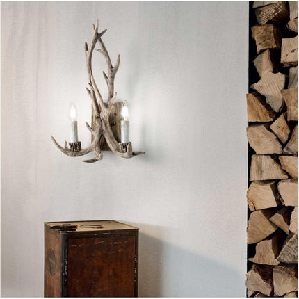 Applique country a corna di cervo vintage lampada da muro retro 2 portalampada e14 arredamento rustico - enzoled