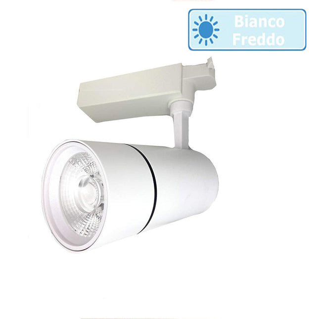 Faretto da binario monofase led cob 30 watt scocca bianca faro soffitto proiettore luce frdda 6500k calda 3000k naturale 4000k - enzoled