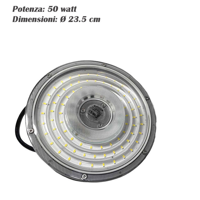 Faro led slim industriale 50 100 150 e 200 watt cappellone ufo lampada riflettore da capannone giardino IP65 luce bianca fredda 6500k - enzoled