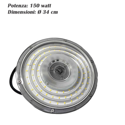 Faro led slim industriale 50 100 150 e 200 watt cappellone ufo lampada riflettore da capannone giardino IP65 luce bianca fredda 6500k - enzoled