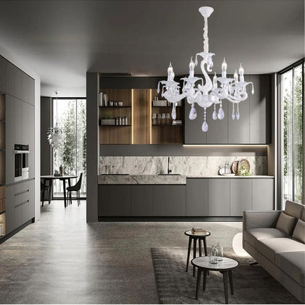 Lampadario da soffitto a 3 5 e 8 bracci a sospensione bianco con cristalli pendenti retrò classico attacco e14 - enzoled