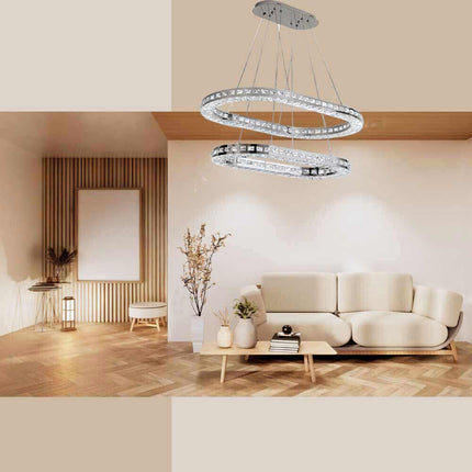Lampadari a led 40 watt a sospensione in metallo e cristalli in acrilico base con anelli regolabile luce fredda 6500k - enzoled