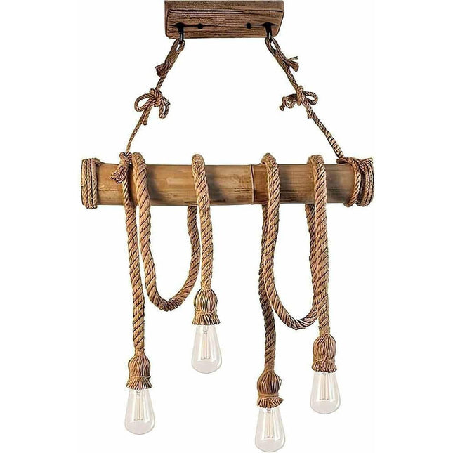 Lampadario a sospensione con corda in canapa vintage 4 portalampada E27 lampada country retro pendente in legno di bamboo - enzoled