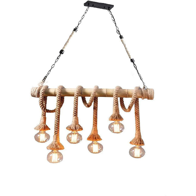 Lampadario a sospensione con corda in canapa vintage 6 portalampada E27 lampada country retro in legno di bamboo - enzoled